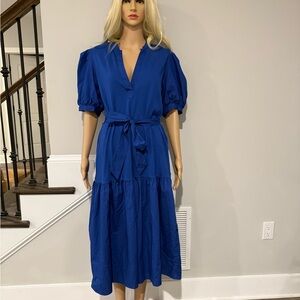 Who What Wear Chic Cotton Royal Blue Midi Dress with Puff Sleeves